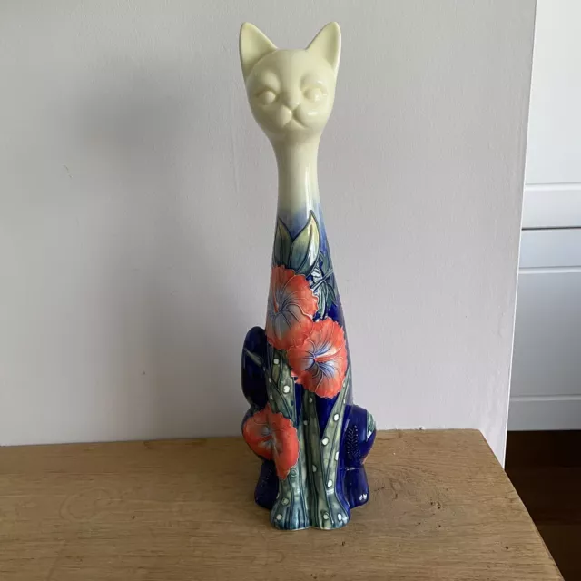 Large cat OLD TUPTON WARE Hand Painted Tube Lined Figurine with Hibiscus flowers