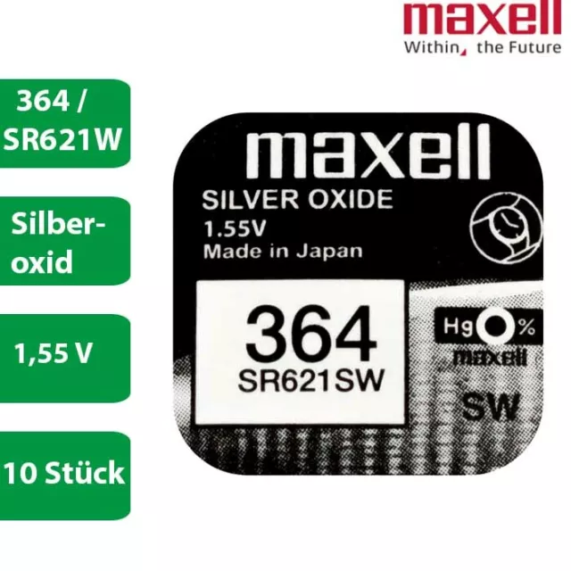 10 x Maxell 364 Uhrenbatterien 1,55 V SR621SW SR621 AG1 LR621 RW320 Knopfzelle