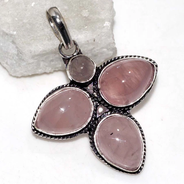 Rose Quartz 925 Silver Plated Gemstone Cross Pendant 1.7" Best Gift For Women GW