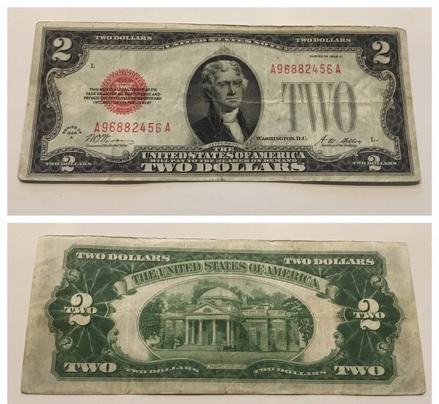 VINTAGE two DOLLAR 1928-A $2 UNITED STATES NOTE BILL JEFFERSON RED SEAL USN