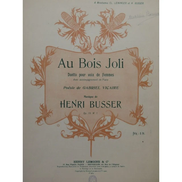 BUSSER Henri Au Bois Joli Chant Piano 1900