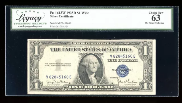 DBR 1935-D $1 Silver Fr. 1613W Wide VE Block Legacy 63 Ser # V82845160E 1st of 2