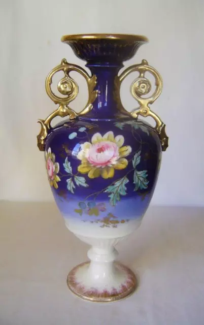 Large "Old Hall" Floral Decorated Pottery Vase with Gilded Handles: 36 cm HIgh