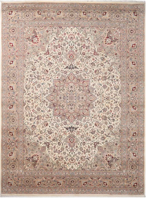 9X12 Hand Knotted Lahore Carpet Traditional Ivory Fine Wool Area Rug D40553