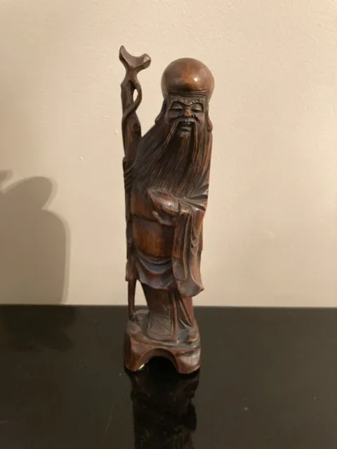 12" Antique Chinese Carved Wood Shou Hsing God of Longevity Sculpture Statue