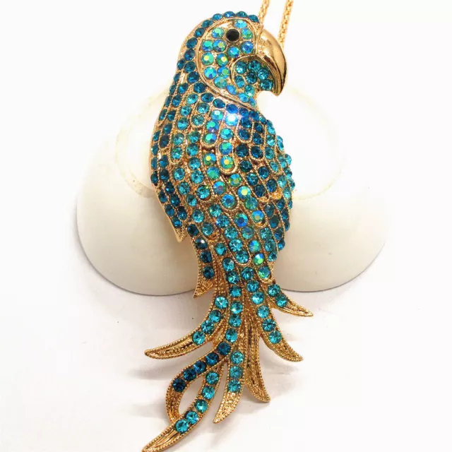 New Betsey Johnson Blue Bling Crystal Parrot Rhinestone Pendant Chain Necklace 3