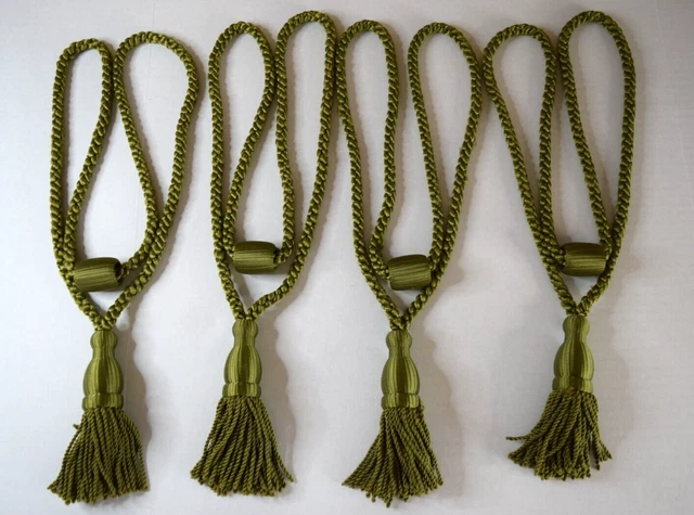 Vintage Green Braided Drapery Cords 2 Pair Tassels Curtain Tie Backs Lot of 4 2