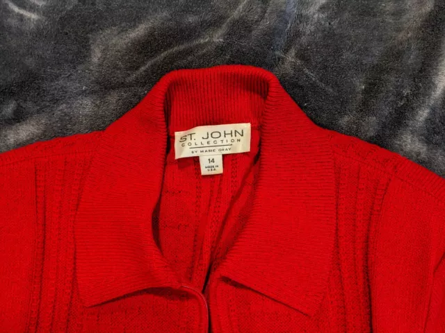 ST JOHN COLLECTION JACKET Marie Gray Patterned Knit Bright Red Size 14 2