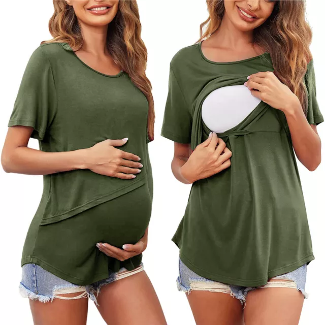 Women's Maternity Breastfeeding T-Shirt Nursing Solid Short Sleeve Crew Neck Top