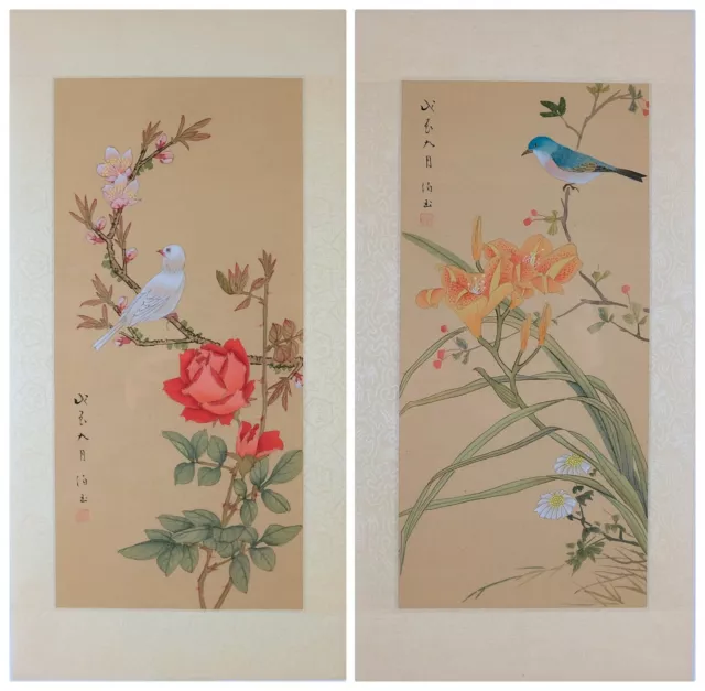 Vintage Asian Watercolor on Silk Paper, Chinese Painting Pair, Blu / White Birds