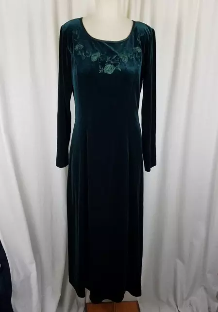 Vintage Coldwater Creek Floral Embroidered Green Velvet Maxi Dress Womens 10 USA