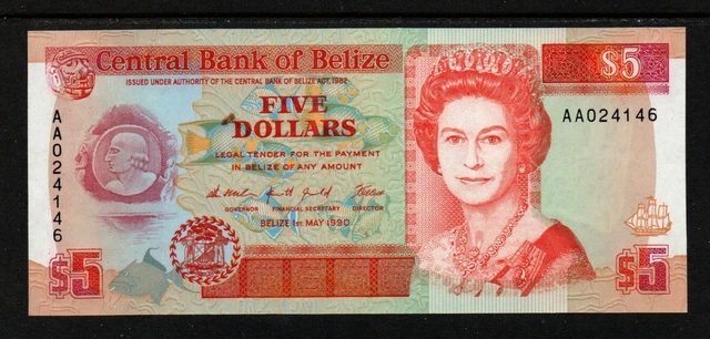 Belize 1990 QE II 5 Dollars P-53a UNC