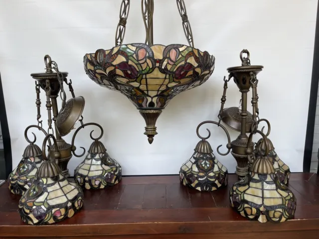 Lot OF 3 Vintage Tiffany Style Stained Glass Hanging Ceiling Chandelier Pendant
