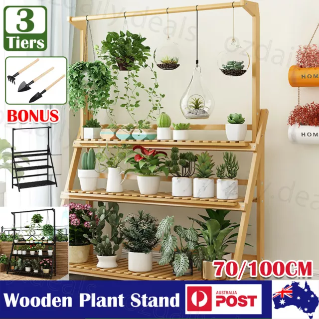 Indoor Outdoor Garden Plant Stand Planter Flower Pot Shelf Wooden Rack 70/100cm