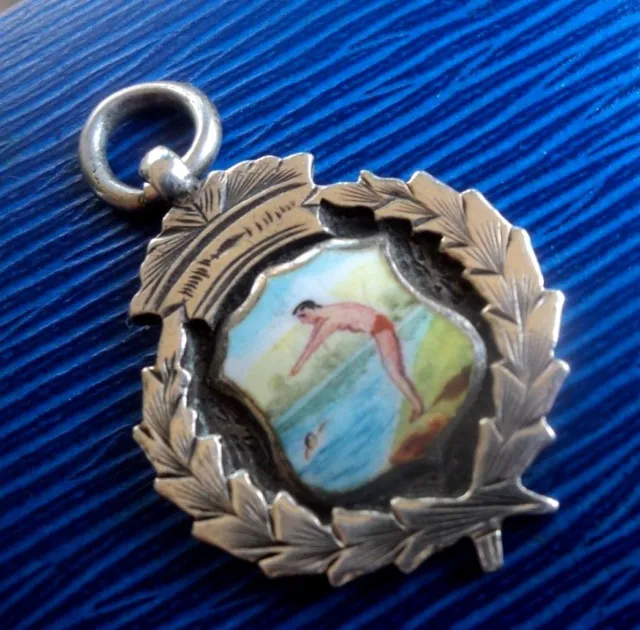 Attractive Stg Silver & Enamel Swimming / Diving Fob Medal - h/m 1909 Birmingham