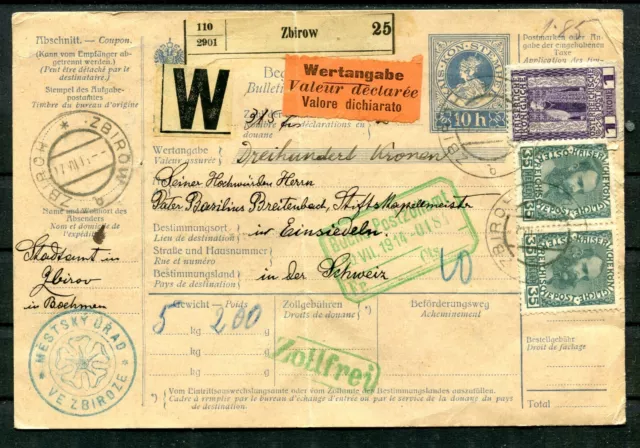 AUSTRIA 1914 r. parcel stamped  ZBIROW - VALEUR DECLAREE to SWITZERLAND(G 820)