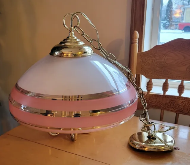 Vintage Art Deco Ceiling Light Chandelier Frosted Glass Hanging Pink And White