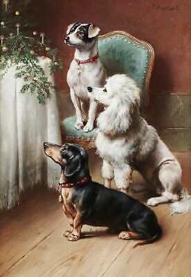 Oil painting A Christmas Treat Carl Reichert lovely and cuter animals dogs art