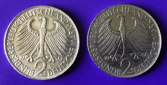 2 x 2 Deutsche Mark Max Planck Jäger 392, 1957 D und 1958 D - Lot 2 Münzen 2