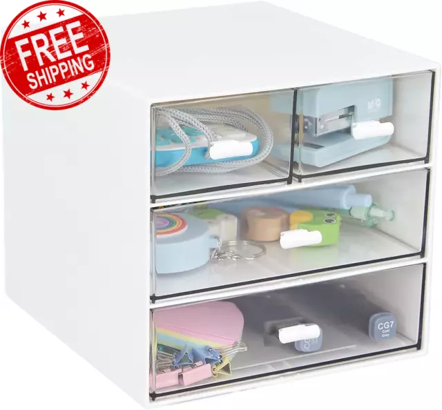 Desk Organizer with 4 Drawers, Clear Plastic Desk Storage Box, Desktop Organizat