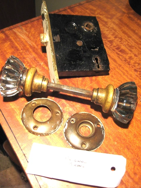 Antique Vintage Door Set Art Deco Backplates Glass Knobs Lock Plate