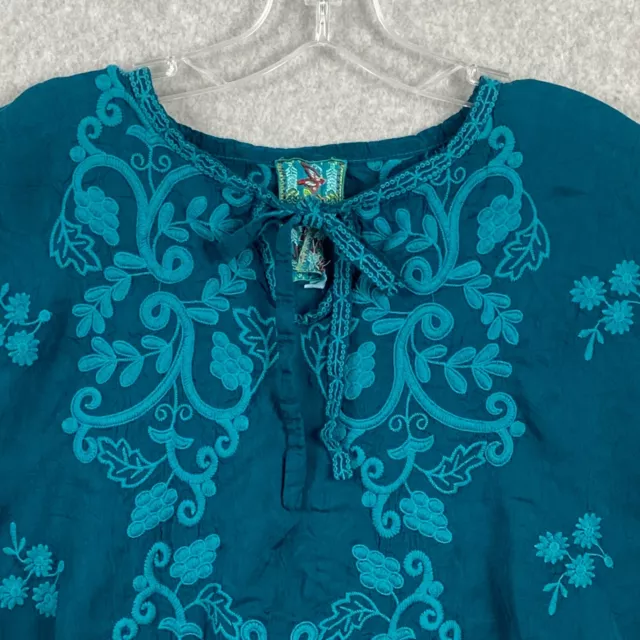 Johnny Was Womens Boho Embroidered Top Small Blue Teal Crochet Lacy Tunic Shirt 2