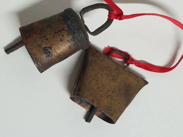 2 Vintage Antique Primitive Bells Handmade Animal Goat Sheep Hunting Dog Cow