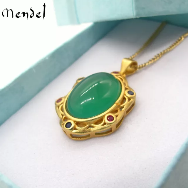 MENDEL 14k Gold Plated Genuine Real Natural Green Jade Stone Pendant Necklace