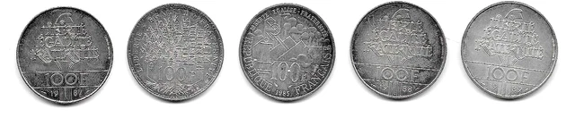 Lot de 5 pièces en argent 100 Francs - Années 1984, 85, 87, 88 et 89 - N° 8