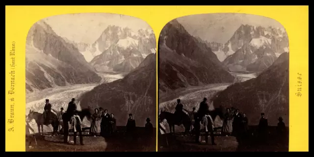 Suisse, Vallée de Chamonix, Visiteurs à la Flégère, ca.1880, stéréo Tirage vinta