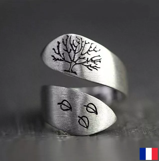 Bague Bijoux pour femme arbre de vie avec feuille relief en argent