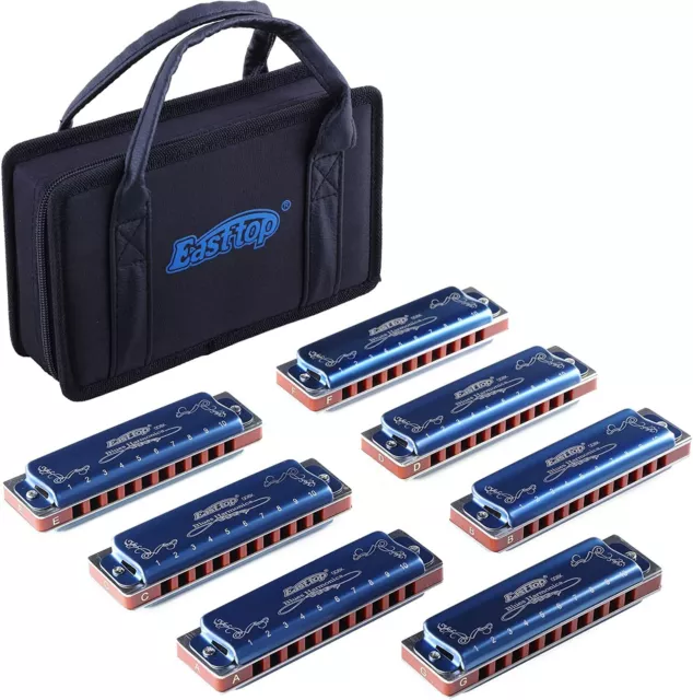 EASTTOP Harmonica Set of 7 10Holes harp Mouth Organ Blues Diatonic Harmonica Set