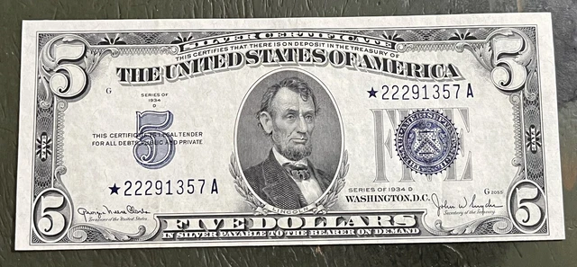 1934D $5 Silver Certificate Wide II *Star Note* Fr 1654* Wide II Choice VF
