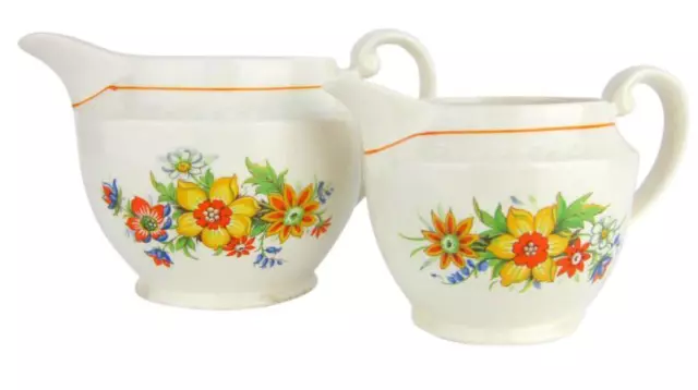 Pair Swinnertons Staffordshire Majestic Vellum Daffodil Milk Cream Jugs England