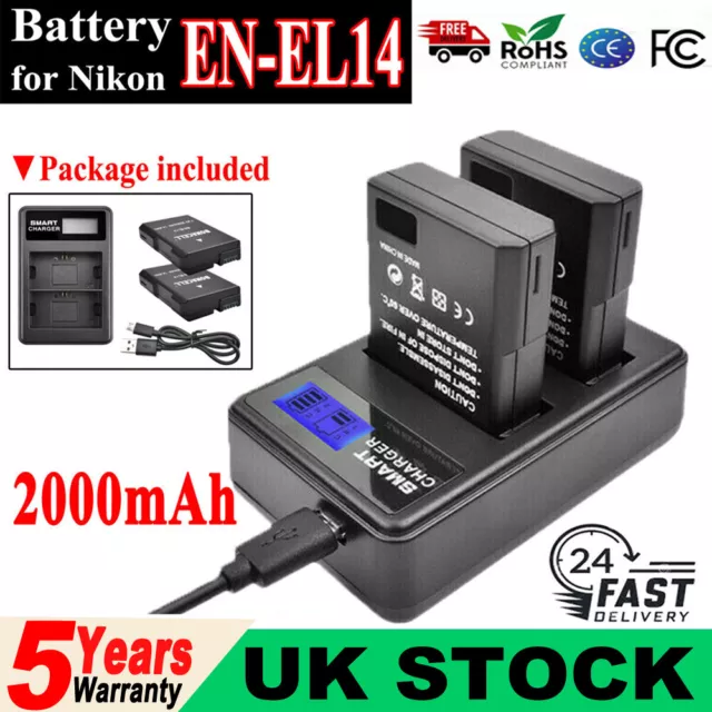 2X 2000mAh EN-EL14 Battery +Dual Charger for Nikon D3300 D3400 D3500 D5100 D5300