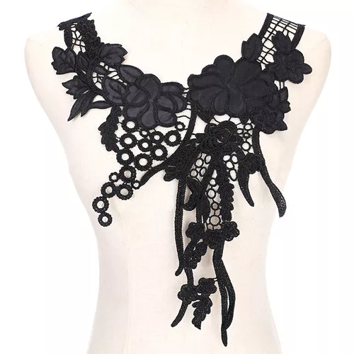 COL DENTELLE / NOIR ** 30 x 48 cm ** PLASTRON APPLIQUE GUIPURE - FLEUR - CD136