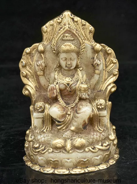 6.4 " China White Jade Gilt Dynasty Palace 4 Arms matsu Mazu Buddha Statue