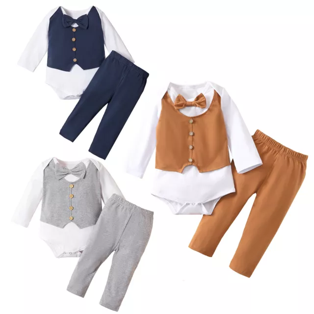 2Pcs Baby Boys Gentleman Romper Outfit Fake Vest Bow Tops+Pants Infant Suit Set