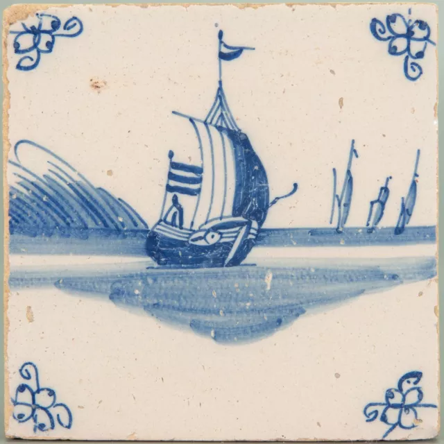 Nice Dutch Delft Blue tile, sailboats, circa 1800.