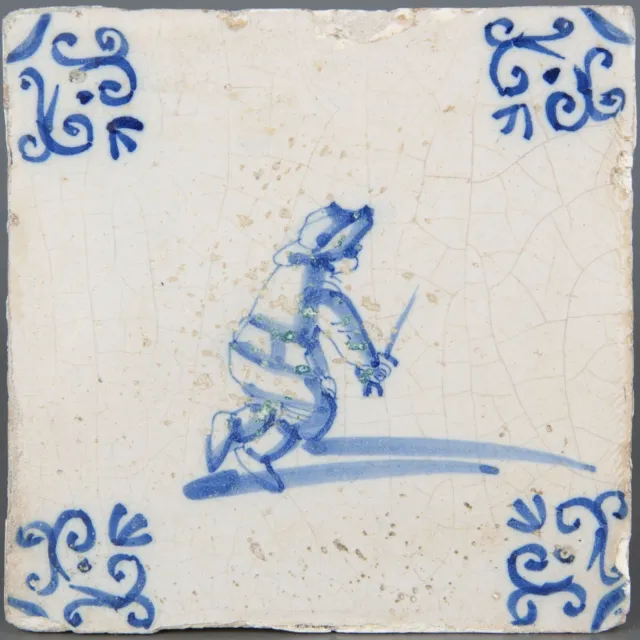 Nice Dutch Delft Blue tile, musketeer, 17th century.