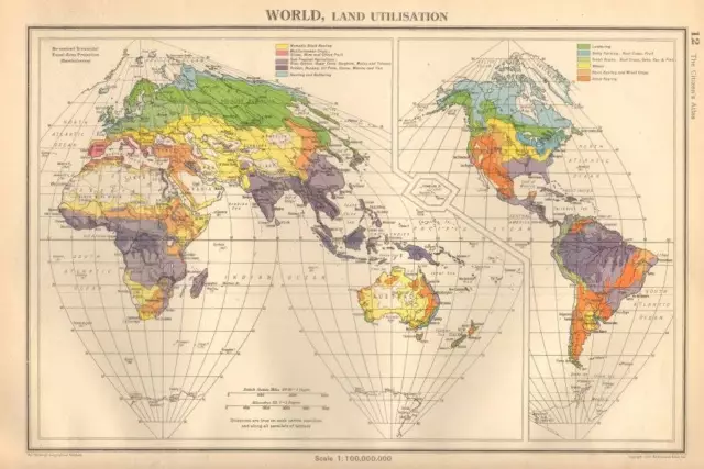 Antique Map 1947 Bartholomew World, Land Utilisation Dairy Farming Nomadic Stock
