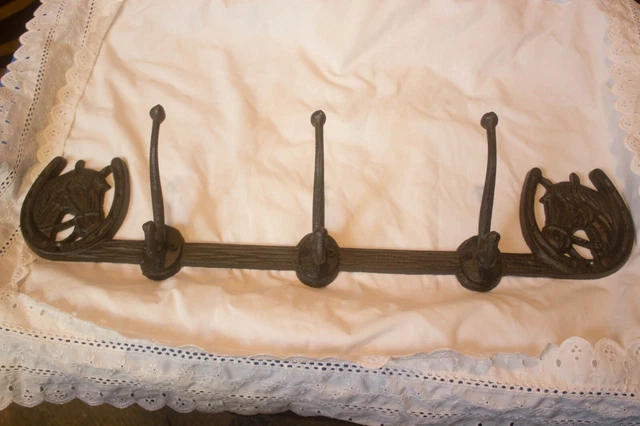 Cast Iron Three Hook Horseshoe with Horses Coat/Wall hook.