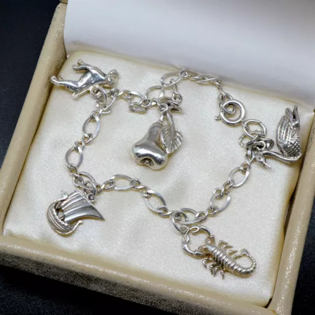 Vintage Sterling Silver 925 Charm Bracelet DOG BOAT SWAN SCORPION Gift for Her