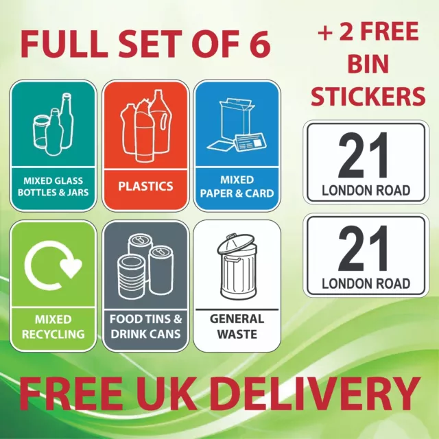 Mixed Set of Recycling Bin Sign Sticker Labels Plaques - Free set Bins easy peel