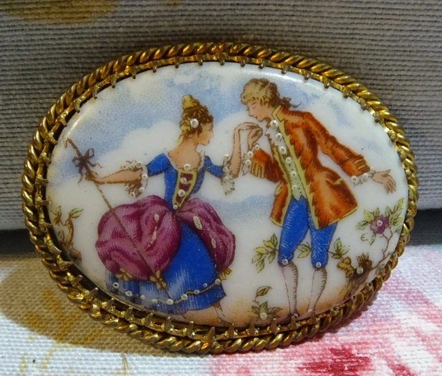 Broche Ancienne Limoges – Portrait De Marquise – Porcelaine Et Métal Doré