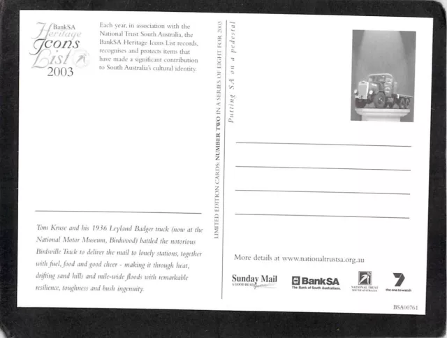 S0184 Australia BankSA 2003 Icon Tom Kruse Leyland Badger Truck postcard 2
