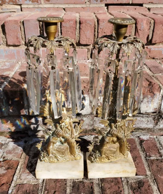 Antique Girandole Candelabra Candle Holders Figural Crystal & Brass 19th Century