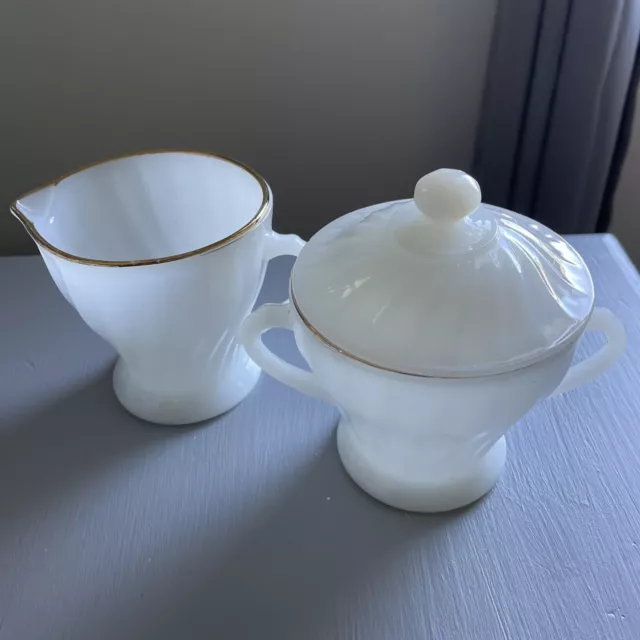 Anchor Hocking Fire-King  White Swirl Milk Glass Gold Trim Creamer & Sugar