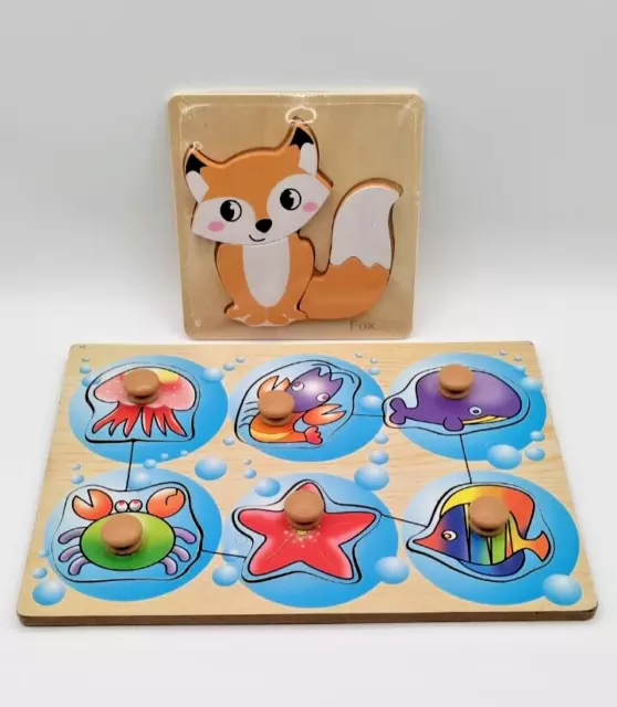 Wooden Toy Puzzle LOT Baby's Toddler's Educational Learning Sea Creatures Fox