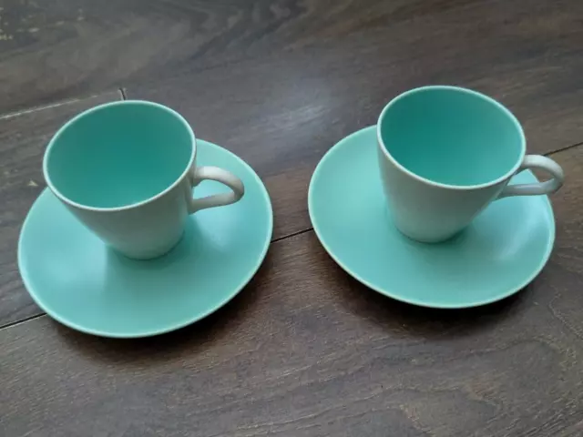 Vintage MCM Poole Pottery Twin Tone Coffee Cups & Saucers Seagull/Ice Green